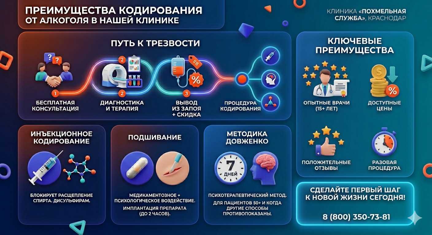 Инфографика о методах кодирования от алкоголя в Котласе: инъекции, подшивание, метод Довженко. Преимущества клиники и этапы лечения.