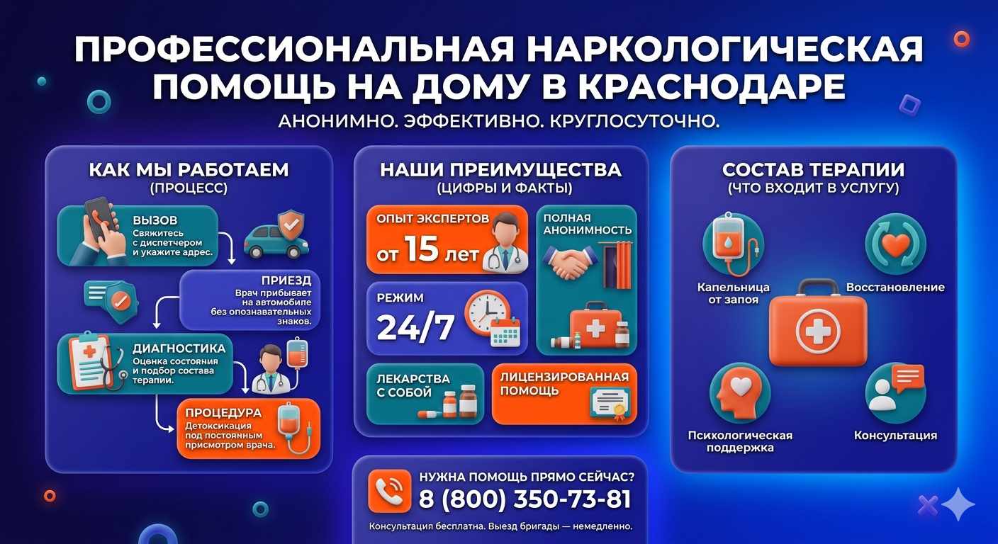 Инфографика о принципах лечения алкоголизма на дому в Котласе: этапы вызова нарколога, преимущества анонимной детоксикации и состав медицинской помощи.